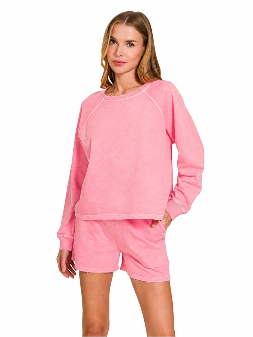 Candy Pink French Terry Cotton Pullover & Shorts Lounge Set